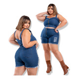 Conjunto Jeans Com Lycra Plus Size Estiloso Blusa E Short 