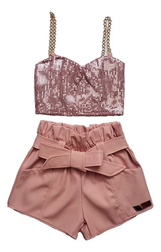 Conjunto Moda Luxo/infantil Cropped Paetê + Short Couro Fake