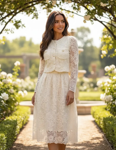 Conjunto De Chaqueta Y Falda De Encaje Blanco