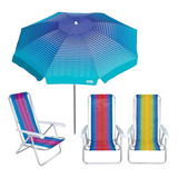 Kit Guarda Sol 2,2m Azul 3 Cadeira 8 Pos Reclinável Alumínio