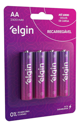 Pilha Recarregável Elgin Aa 2500mah - Com 4 Unidades + Nf