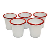 Caja De 6 Vasos Enlozados Blancos Borde Rojo.