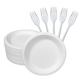 Platos Desechables Blanco 18cm Pack 100 Unid + 100 Tenedores