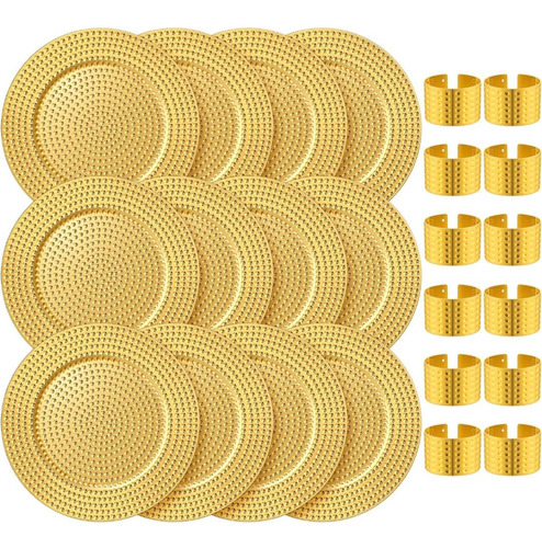 12 Plato Base Dorado Con 12 Anillos Servilleteros Martillado