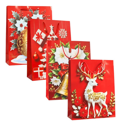 Kit 12 Sacolas De Presente Natalinas Papai Noel 26x32x10cm
