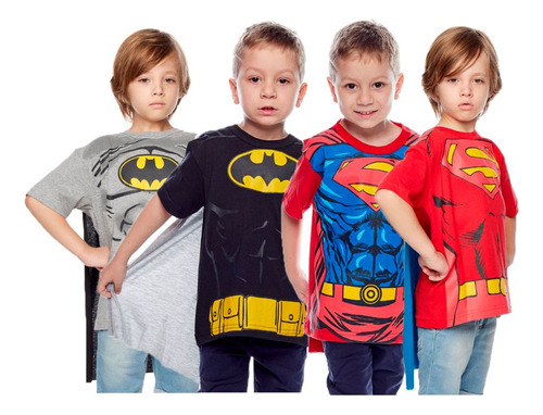 Kit 4 Camisetas Brusa Infantil Com Capa Curta Desenho Heróis
