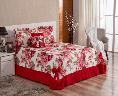 Cobre Leito Casal Queen Laila 5pçs Colcha Floral Vermelho