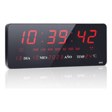 Reloj De Pared Led Rojo Con Termómetro Y 8 Alarmas 36x15 Cm