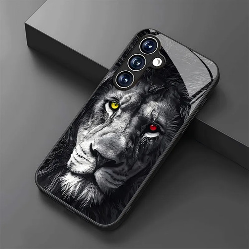 Elegante Funda De Teléfono De Cristal Con Un Noble Diseño De León Con Ojos De Doble Color Rojo Y Amarillo Para Galaxy S26/s25/s24