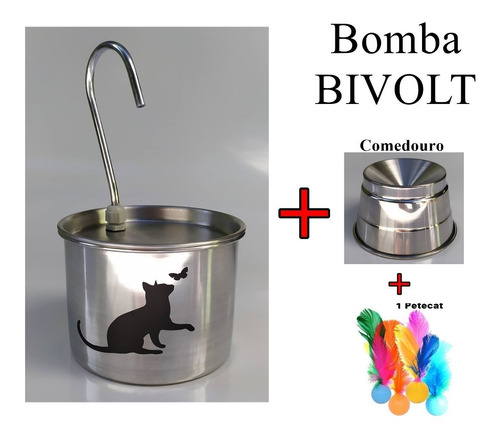 Bebedouro Fonte Gatos Alumínio 2 Litros Bivolt + Petecat