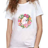 Camiseta Dama Estampada gato Flores Colores Ilustracion