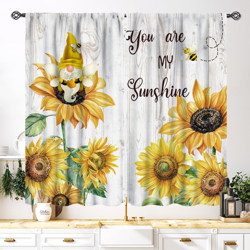 Cortinas De Girasol Para Cocina, Diseño Floral Amarillo Tr