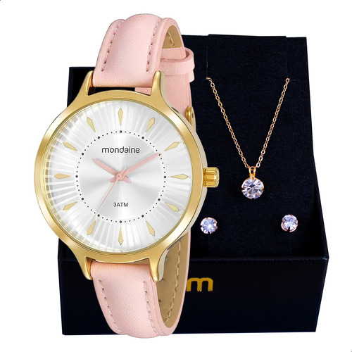 Relógio Feminino Mondaine Couro Rosa Dourado Colar E Brincos