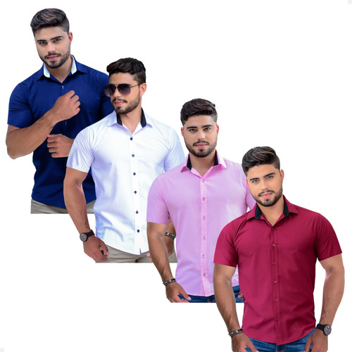 Kit 4 Camisas Masculinas Social Slim Manga Curta Tricoline