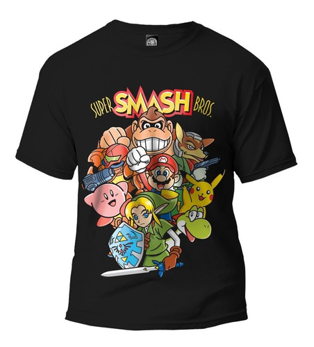 Playera Super Smash Bros Negra Nintendo Mario Link Pikachu