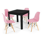 Mesa De Jantar Sofia Preta 80x80cm + 4 Cadeiras Eiffel Cor Rosa