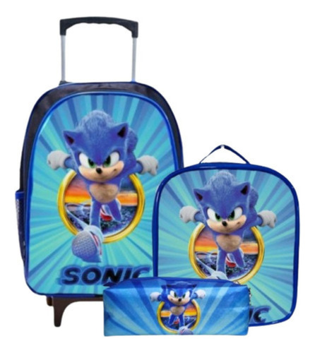 Mochila Carrinho Menino Sonic Kit Bolsa Lancheira estojo Top