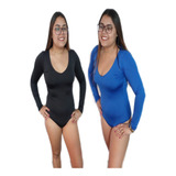 2 Body Feminino  Decote V Manga Longa Em Suplex Com Fecho