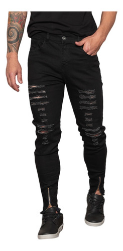 Calça Jeans Masculina Preta Rasgada Destroyed Skinny C Zíper