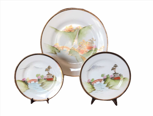 Lote Plato Decorativo Antigua Porcelana Tsuji Detalles Oro