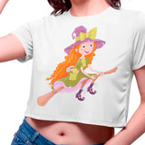 Camiseta Cropped Infantil Bruxa Halloween Vassoura