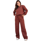  Conjunto Moletom Feminino Croped E Calça Wide Leg Pantalona