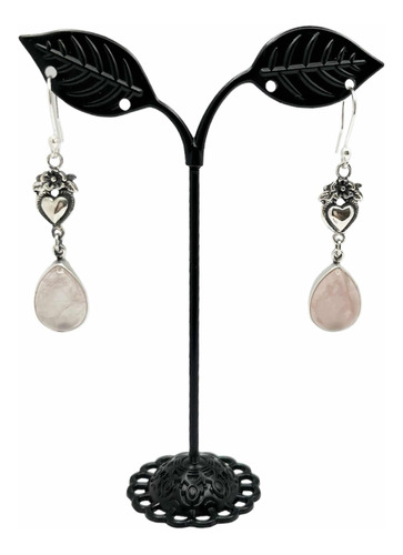 Aretes Colgantes Cuarzo Rosa En Plata Fina Ley .925