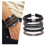 Conjunto C/4 Pulseiras Masculinas Couro Contas Black Marrom 