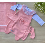 Saída Maternidade Menina Tricot Rosa Body Renda 4 Peças 