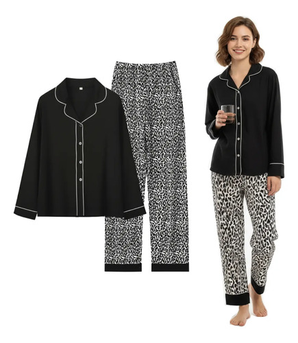 Pijama De Leopardo Manga Larga Para Mujer Holgada Y Cómoda