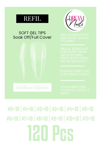 Bolsa Tips Soft Gel (120pcs) - Medium Stiletto - Dream Nails