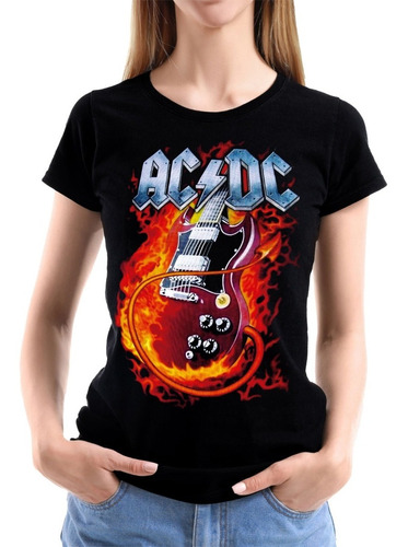 Ac Dc Guitarra En Llamas 212 Rock Musica Polera Mujer Dtf