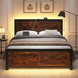 Cama King Con Led Y Cargador, Estilo Industrial Con Cabecera