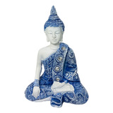 Buda Hindu Tailandês Tibetano Estátua Resina Branco E Azul