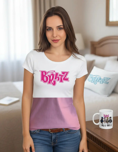 Playera Blanca Con Rosa Cojin Y Taza De Bratz