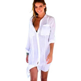 Saída De Praia Branca Camisa Longa Camisão Moda Verão