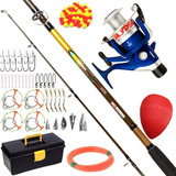 Mega Kit Combo Pesca Caña 2 Tramos + Reel + Accesorios Caja Completa Con Lineas Plomadas Boya Perlas Mosquetones