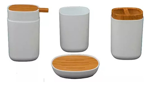 Kit 4 Piezas Baño  Bambu Blanco Plastico Dispenser Jabon 