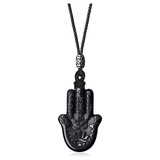 Collar Con Colgante De Mano De Hamsa De Piedra Obsidiana Neg