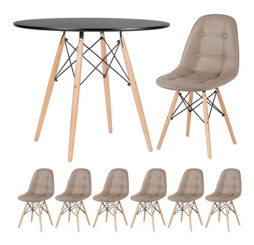 Mesa Jantar Eames 90 Cm 6 Cadeiras Estofada Botone Coloridas