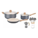 Set Ollas + Utensilios + Cafetera Italiana Linea Hudson Gris