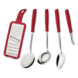 Jogo De Utensilios Tramontina Easy Vermelho Inox 5 Peças