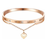 Brazalete Pulsera Para Mujer Color Oro Rosado Con Dije De Corazon Zirconia Chapa De Oro 6.5 Cm 17 Cm