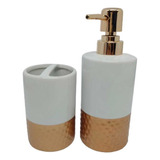 Kit Banheiro Lavabo Em Cerâmica Branco E Dourado 2 Peças