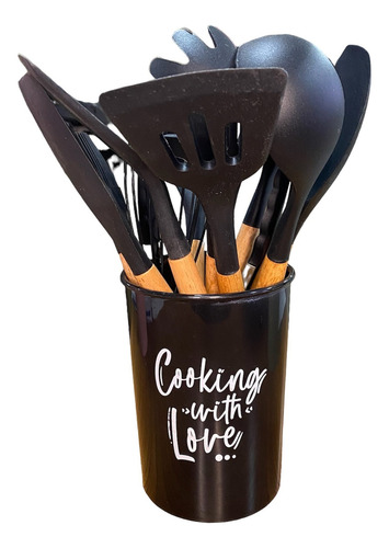 Kit Colheres Silicone Cozinha 12 Peças Madeira Cor Preto