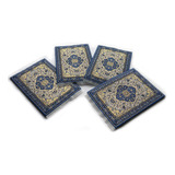 Paquete De 4 Posavasos Azules Con Tapices Dorados De 5 5/8 P