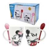 Dúo Tazas Mickey & Minnie Con Cuchara Disney Set 2pzs Blanca