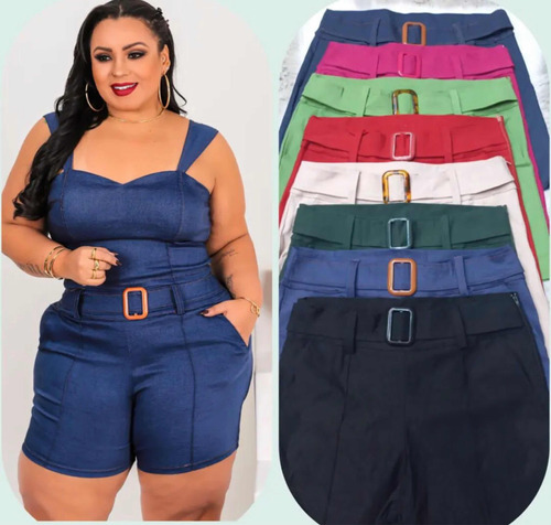 Conjunto Plus Size Shorts Com Cinto E Cropped Alça Grossa