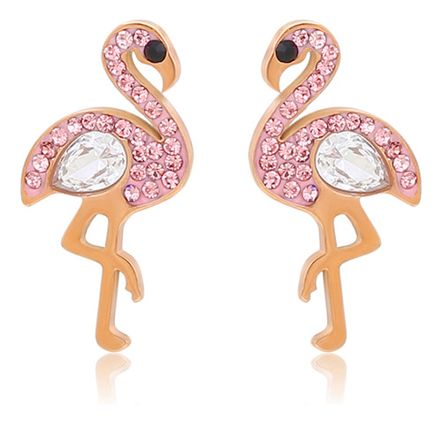 Aretes Flamingo Oro 14k Lam Swarovski Rosa Broquel Dama 
