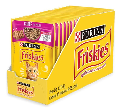 Ração Úmida Friskies Carne Ao Molho 15 Sachê Gatos 